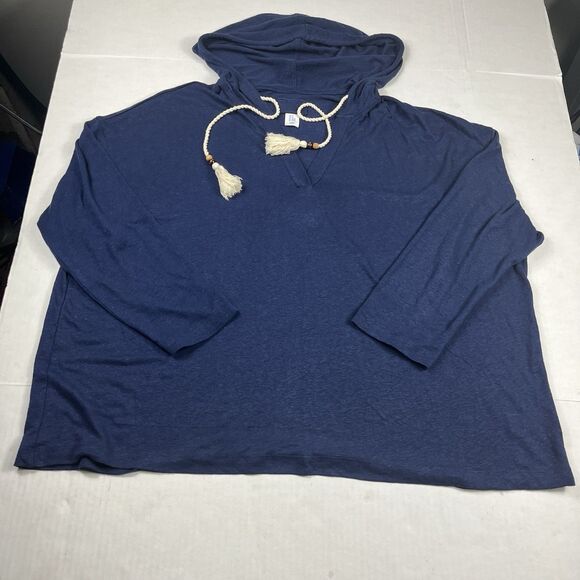 Sigrid Olsen Linen Blend Hooded Top Blue Tassel Drawstring Coastal Boho Shirt 2X - Picture 1 of 10
